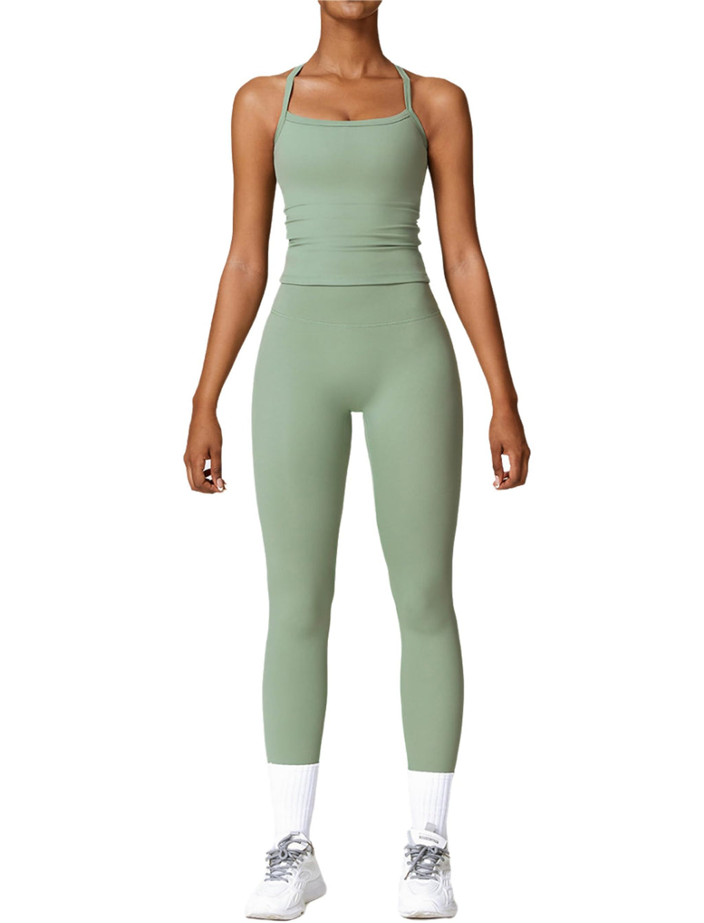 Womens Workout Sets Two Piece Seamless Stretch Cross Back Tank Top Matching Tummy Control High Waist Leggings Set 2 Piece For Women Gym Yoga Active Wear Outfits Athletic Work Out Clothes Green L